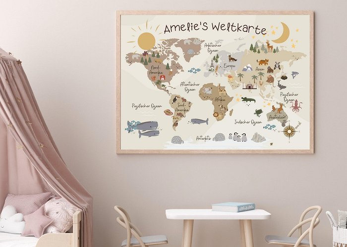 Mini Europe Personalized Boho Style World Map in Beige, Pink or Blue - Etsy photo