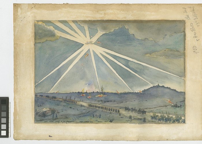 Fine Arts Museum Cambrai painting, HUN PLANE CAUGHT IN THE SEARCHLIGHTS - ARRAS-CAMBRAI ... photo