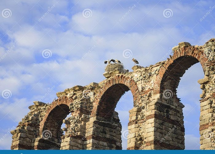 Los Milagros Roman Aqueduct Stork Nest on Top of the Roman Aqueduct of Los Milagros De Merida ... photo